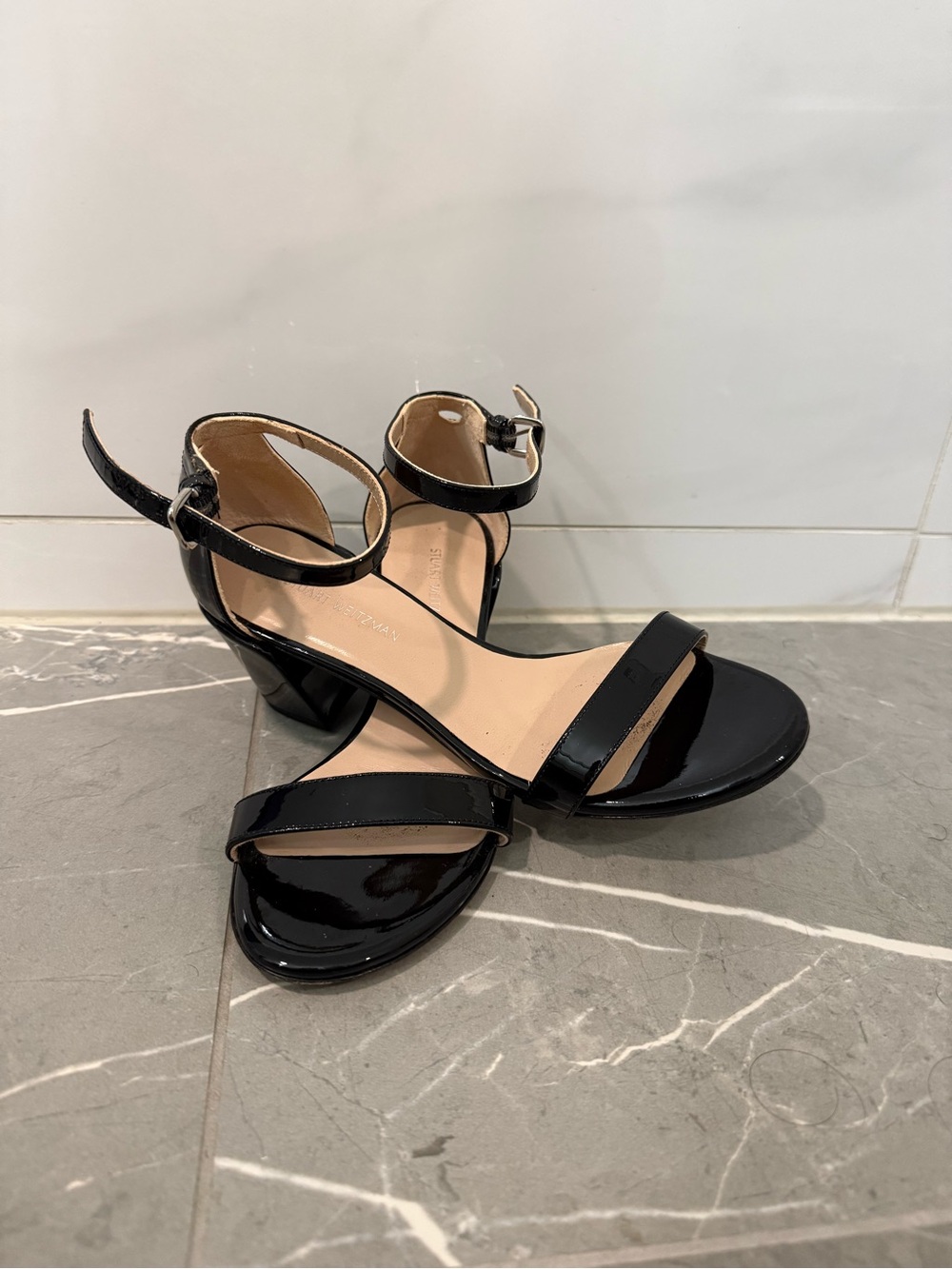 Stuart Weitzman Nearlynude block-heel sandal | Patent Leather | Black | 4.5